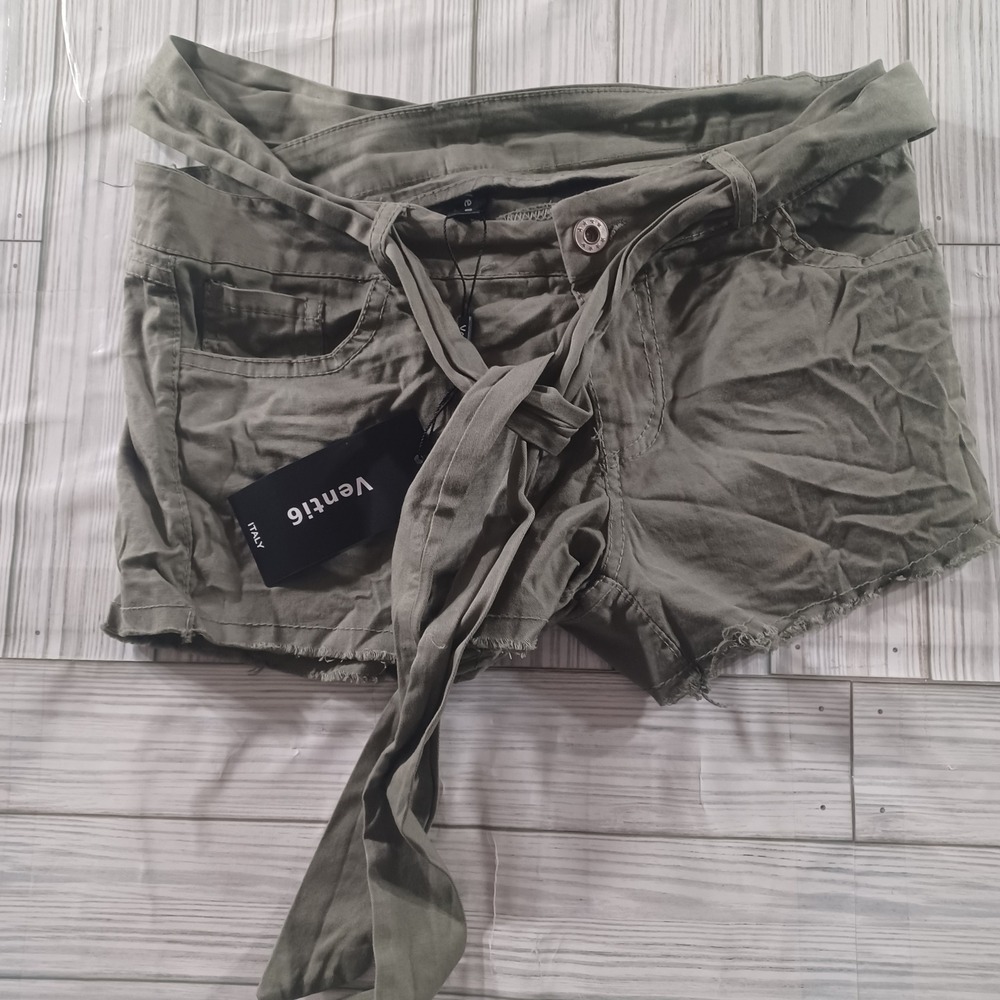 Venti6 Italy Womens Olive Green Tie Waist Raw Hem Shorts ART 1615 Size S NWT